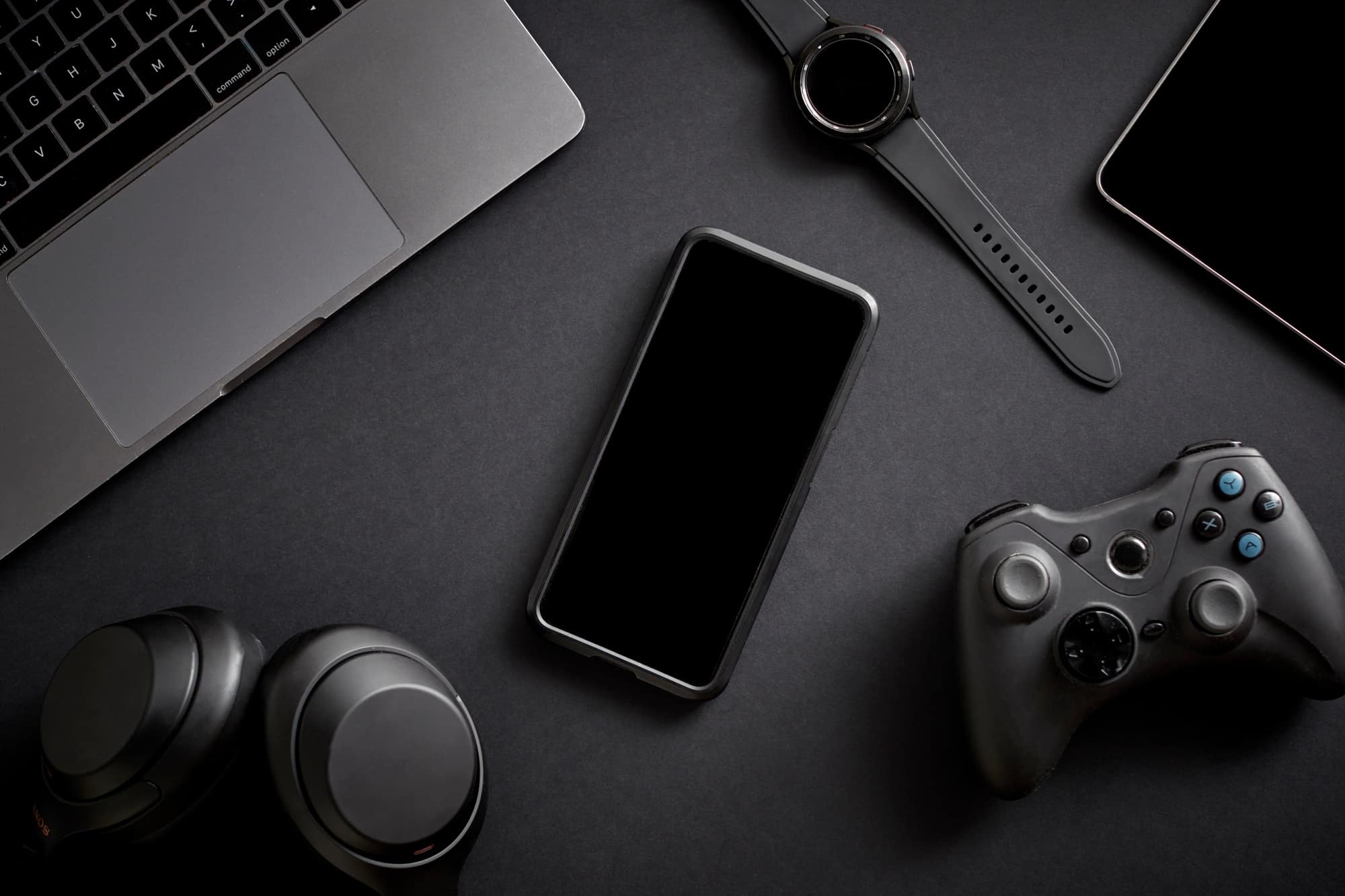 Overhead Flat Lay Shot Of Wireless Digital Technology Gadgets
