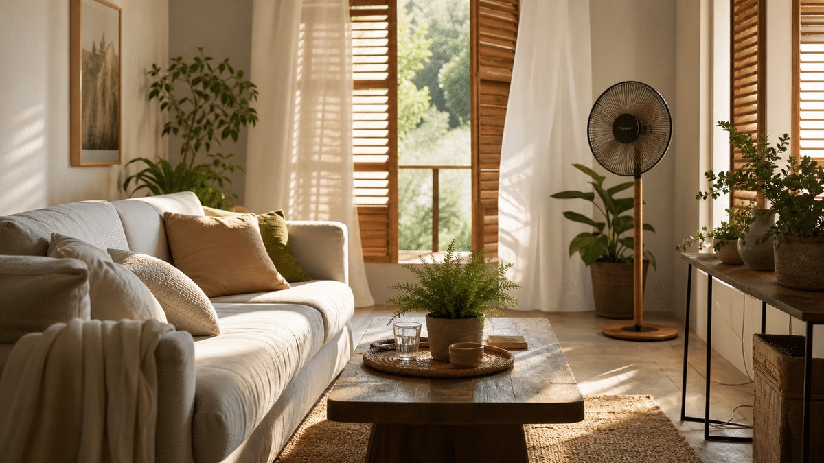 Salon lumineux avec volets mi-clos et ventilateur pendant une journée chaude