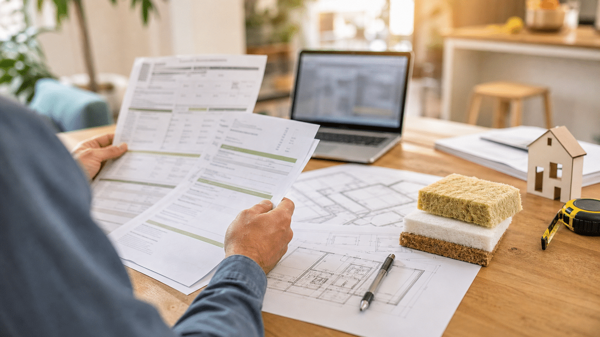 Dossier de devis de rénovation énergétique avec plans de maison, échantillons d’isolation et ordinateur sur une table