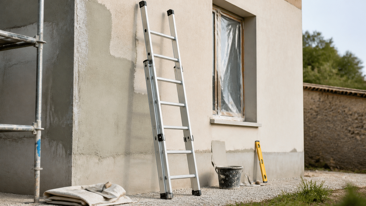 Échelle en aluminium posée contre une façade en rénovation