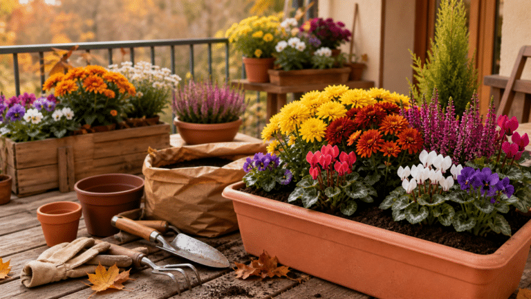 Jardinières d’automne avec chrysanthèmes pensées cyclamens et bruyères sur une terrasse