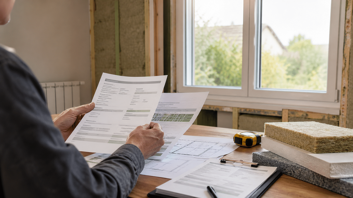 Dossier de rénovation énergétique avec devis, isolant et fenêtre de maison