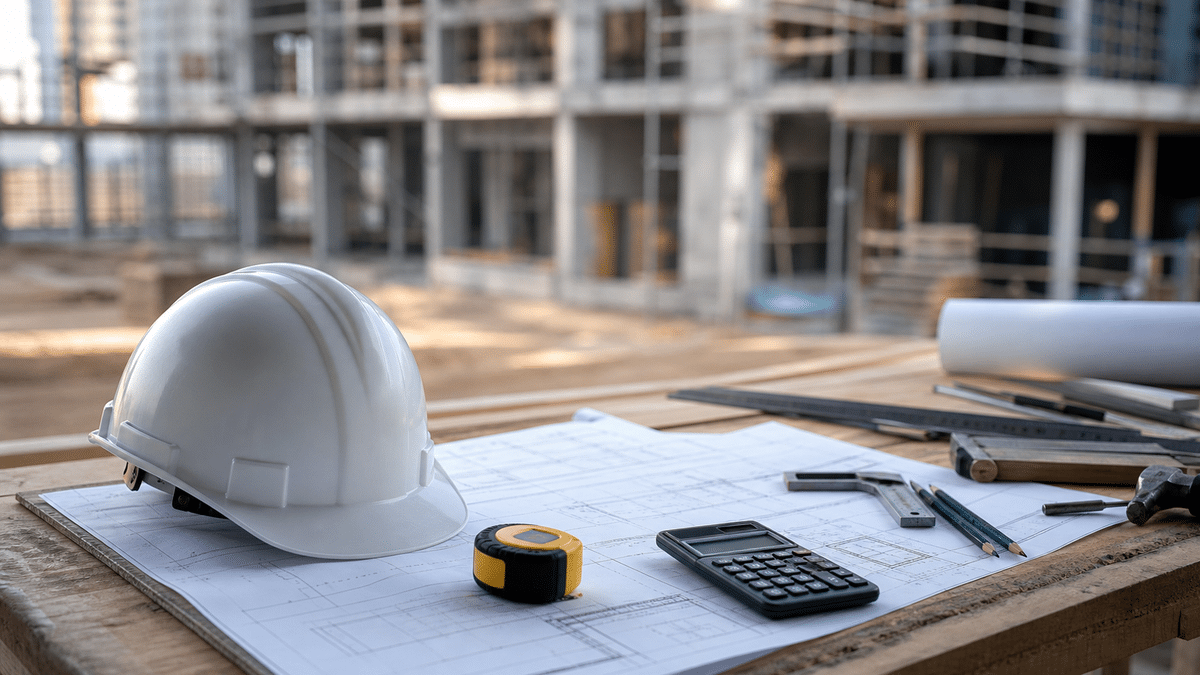 Casque de chantier, plans et calculatrice pour comparer les salaires des métiers du BTP