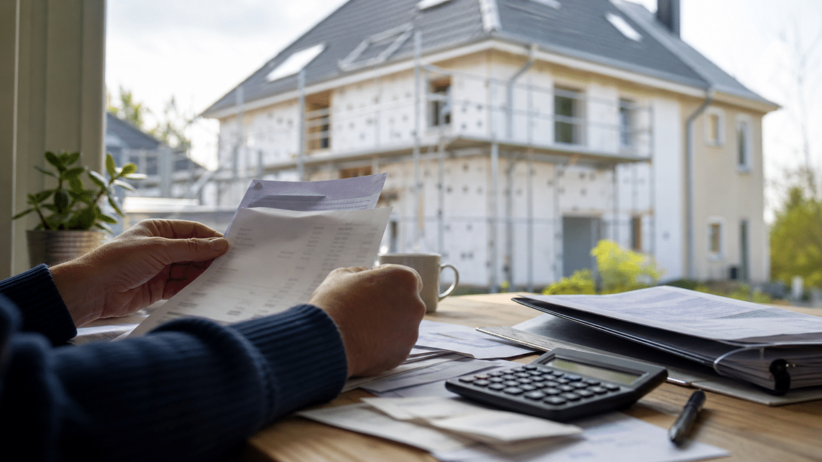 Dossier de taxe foncière et factures de travaux devant une maison en rénovation