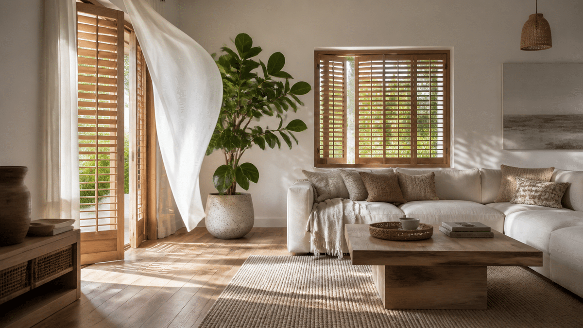 Intérieur lumineux de maison avec volets en bois et courant d’air naturel en été