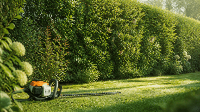 Haie verte de jardin avec taille-haie posé au sol avant une taille en été