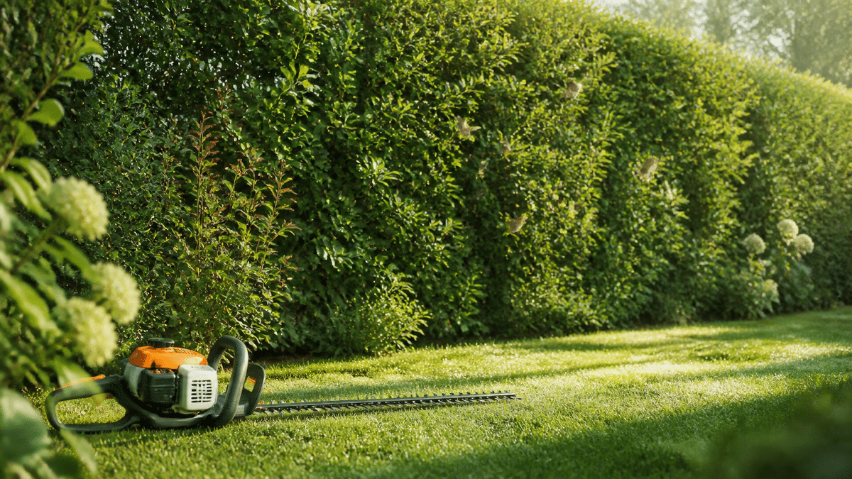 Haie verte de jardin avec taille-haie posé au sol avant une taille en été