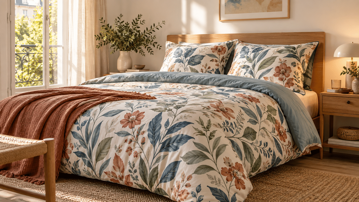 Chambre chaleureuse avec lit habillé d’une housse de couette florale colorée et décoration sobre