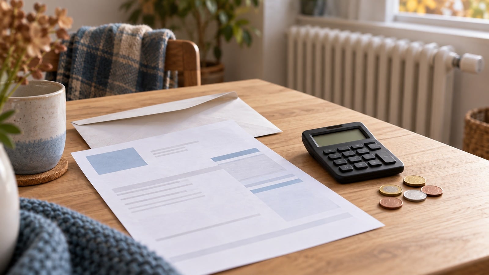 Facture d’énergie générique avec calculatrice et pièces dans une maison chauffée