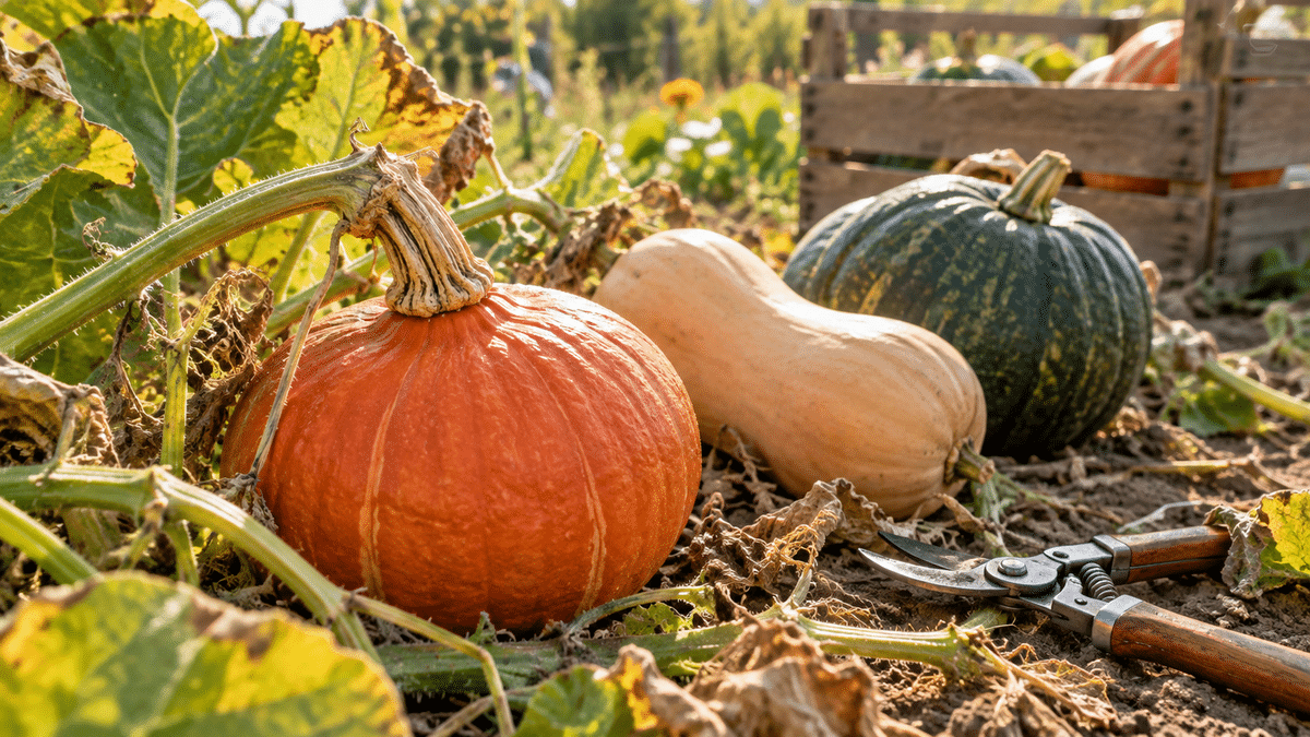 Courges mûrissantes au potager avec pédoncule sec et sécateur avant la récolte