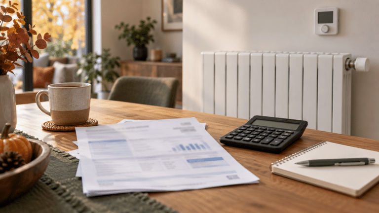 Facture d’énergie et calculatrice devant un radiateur au début de l’automne