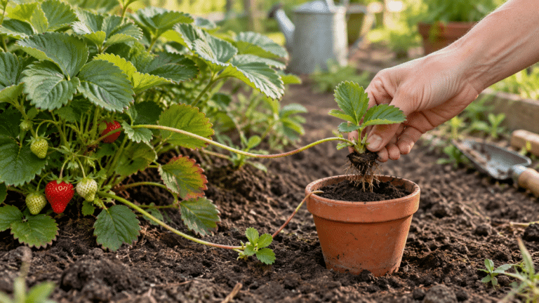 Stolon de fraisier guidé dans un godet au potager en septembre
