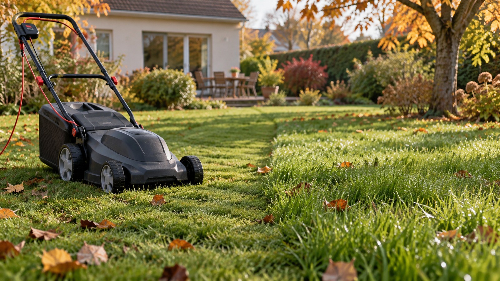 Tondeuse générique sur une pelouse laissée assez haute dans un jardin en automne