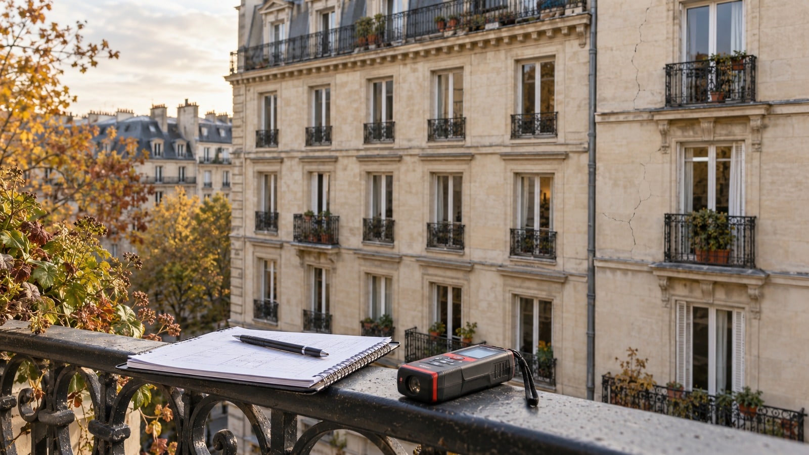 Façade d’un immeuble ancien observée avec un carnet et un appareil de mesure