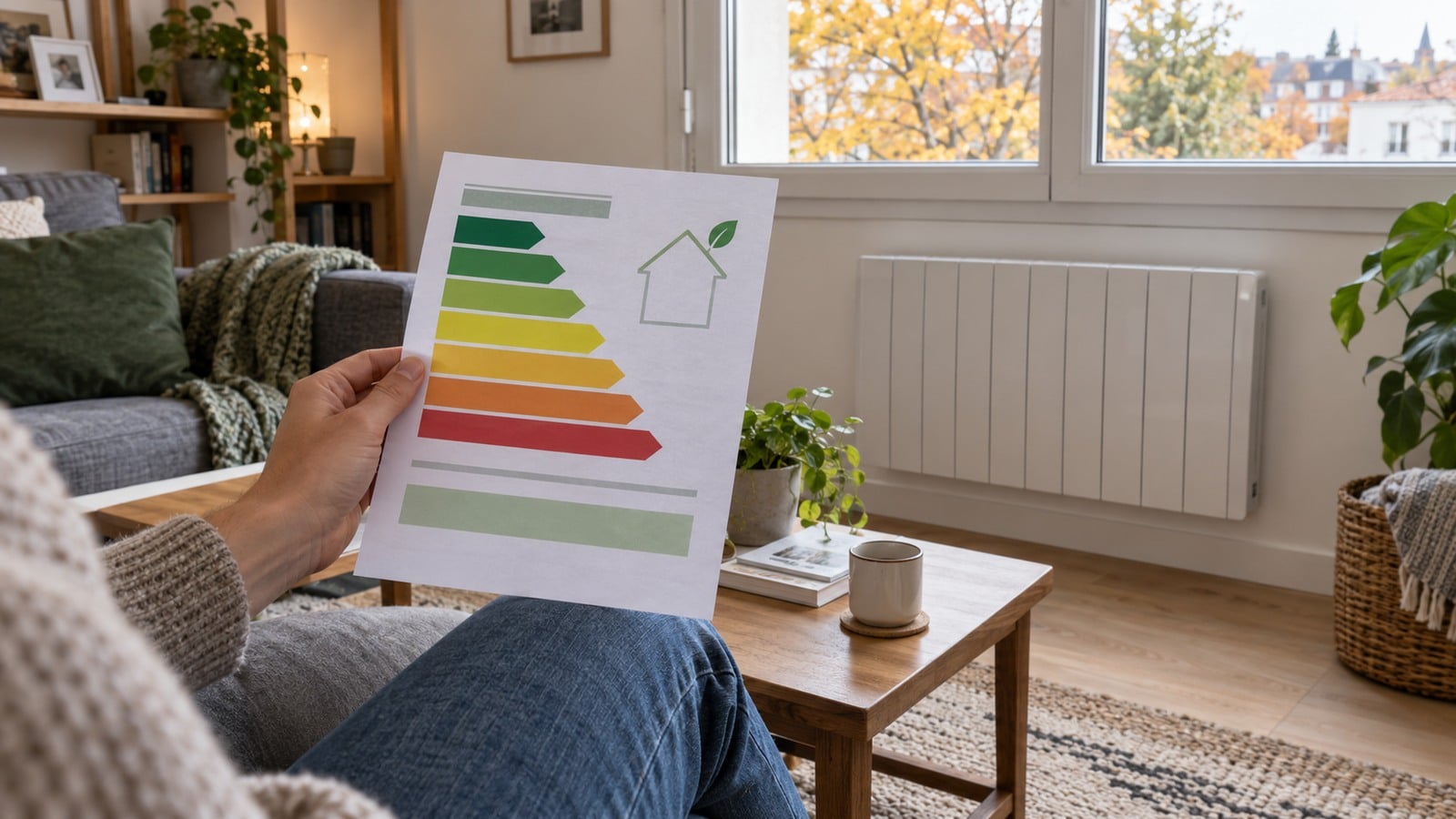 Personne consultant une étiquette énergétique devant un radiateur électrique dans un appartement