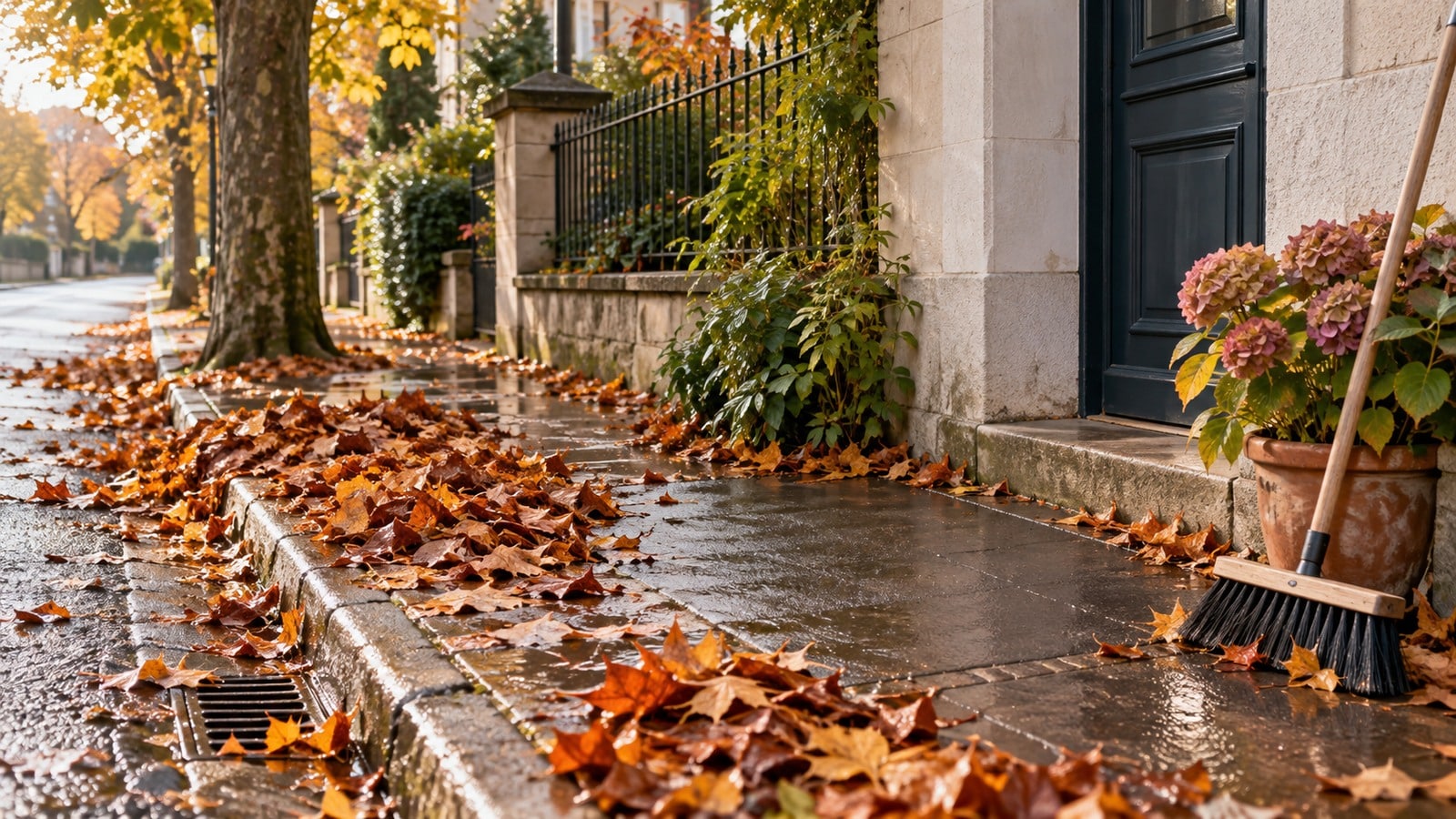 Trottoir humide devant une maison avec feuilles mortes, caniveau et balai en automne
