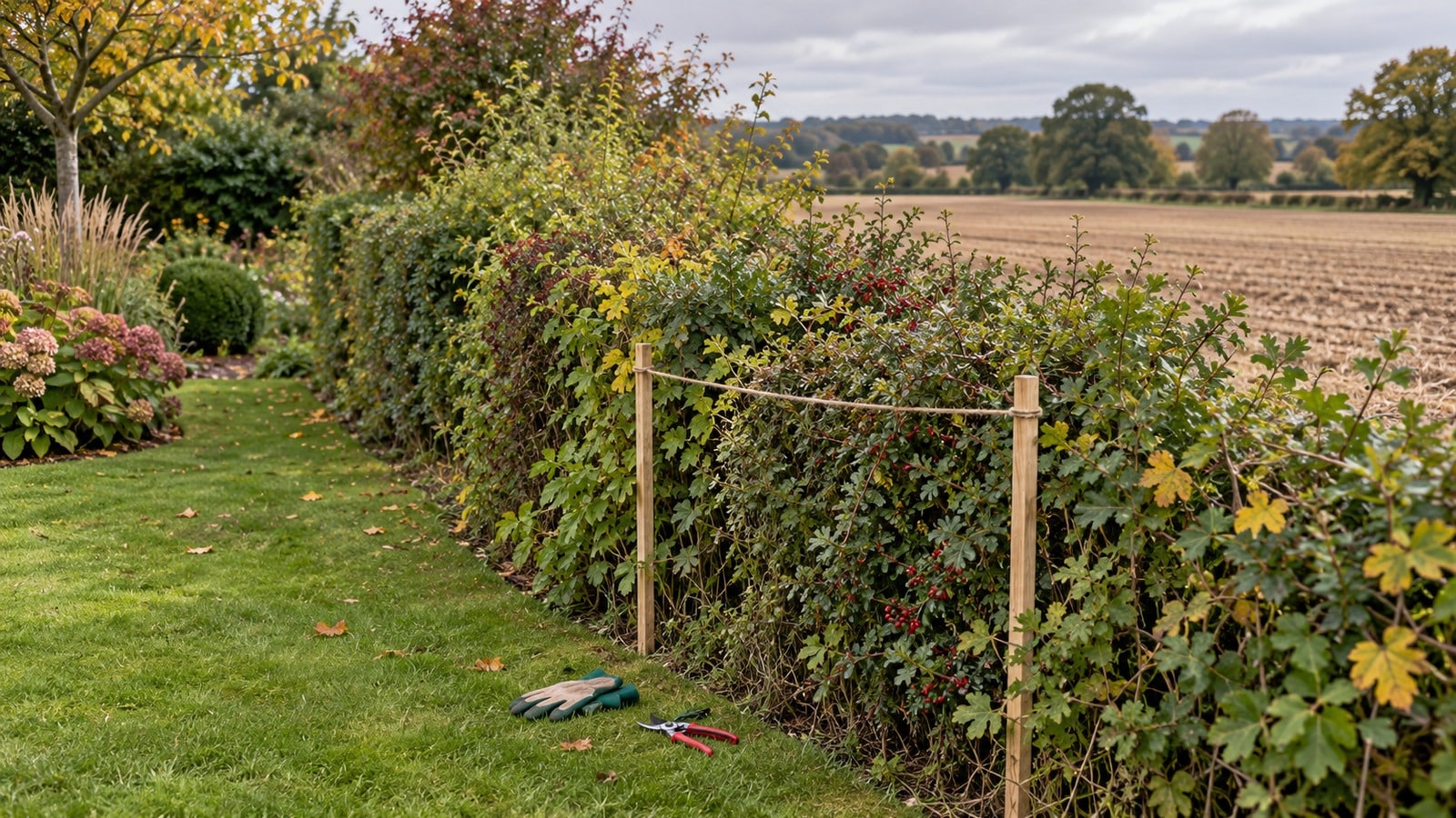 Haie mixte séparant un jardin privé d’un champ en automne avant une intervention