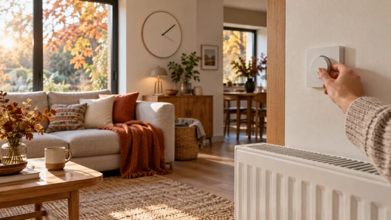 Main réglant un thermostat mural près d’un radiateur dans un salon en automne