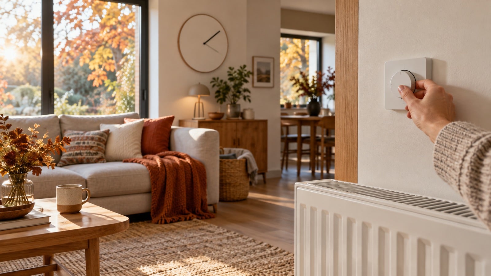 Main réglant un thermostat mural près d’un radiateur dans un salon en automne