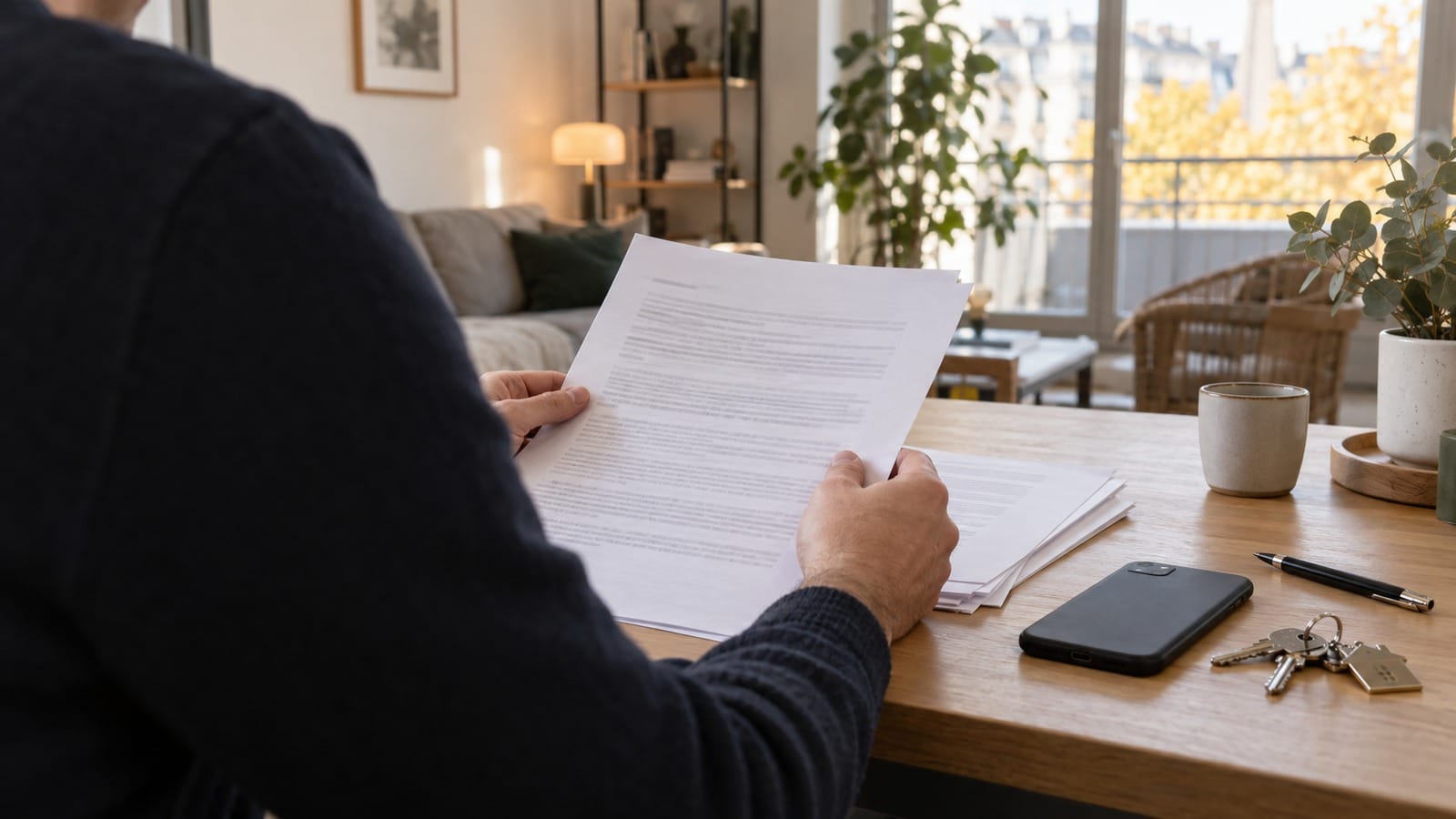 Propriétaire relisant un contrat de location près de clés sur une table dans un appartement