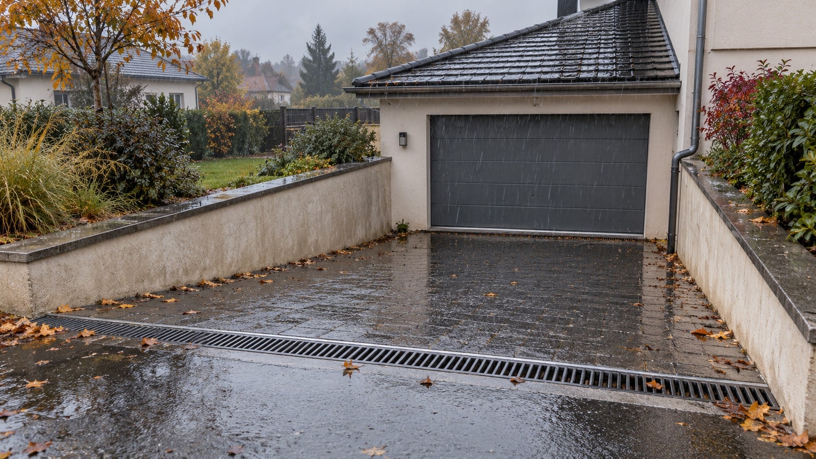 Entrée de garage en sous-sol sous une forte pluie avec grille d’évacuation au premier plan