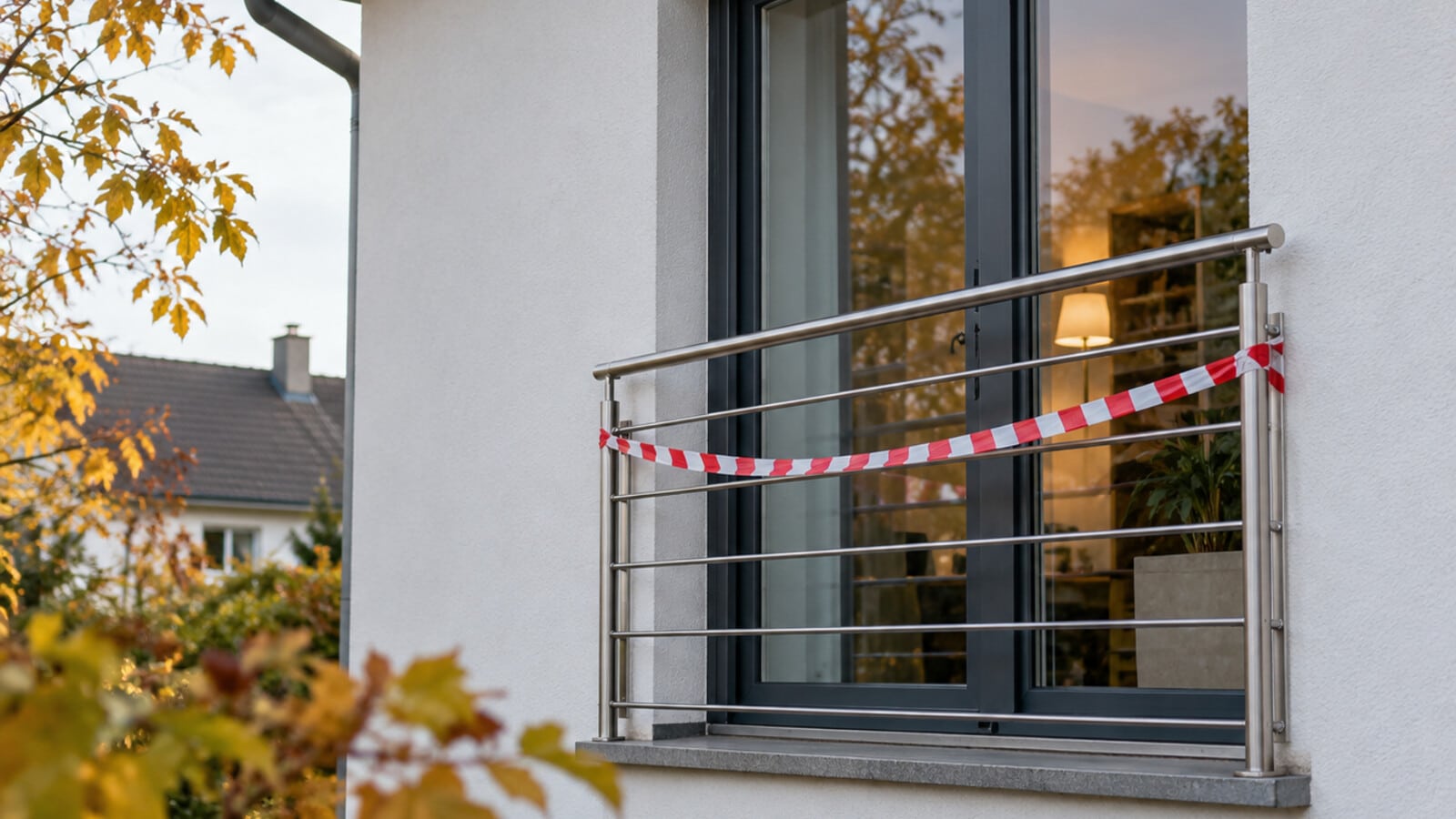 Balustrade métallique devant une porte-fenêtre temporairement condamnée par un ruban de sécurité