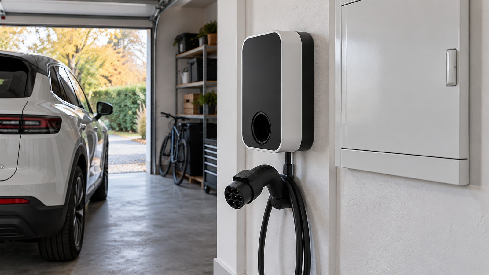 Borne de recharge domestique générique avec câble Type 2 débranché dans un garage