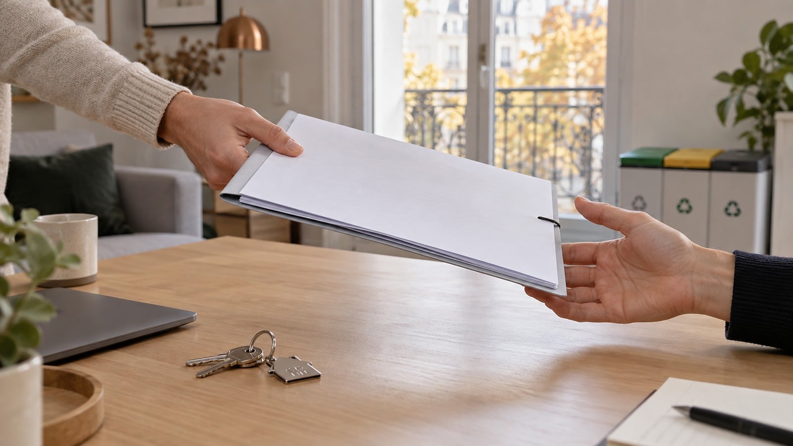 Remise d’un dossier de charges locatives près de clés de logement et de bacs de tri