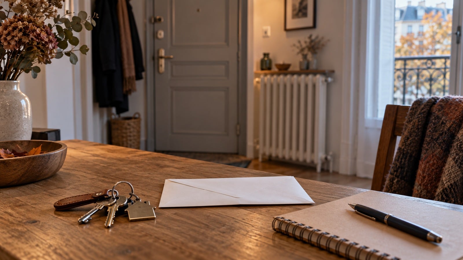 Clés et courrier administratif sur une table dans un appartement près d’un radiateur