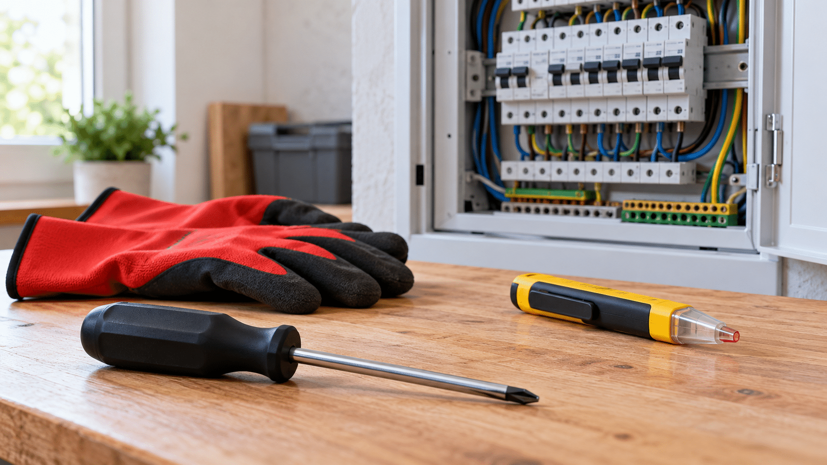 Tournevis noir, gants de protection et testeur devant un tableau électrique ouvert