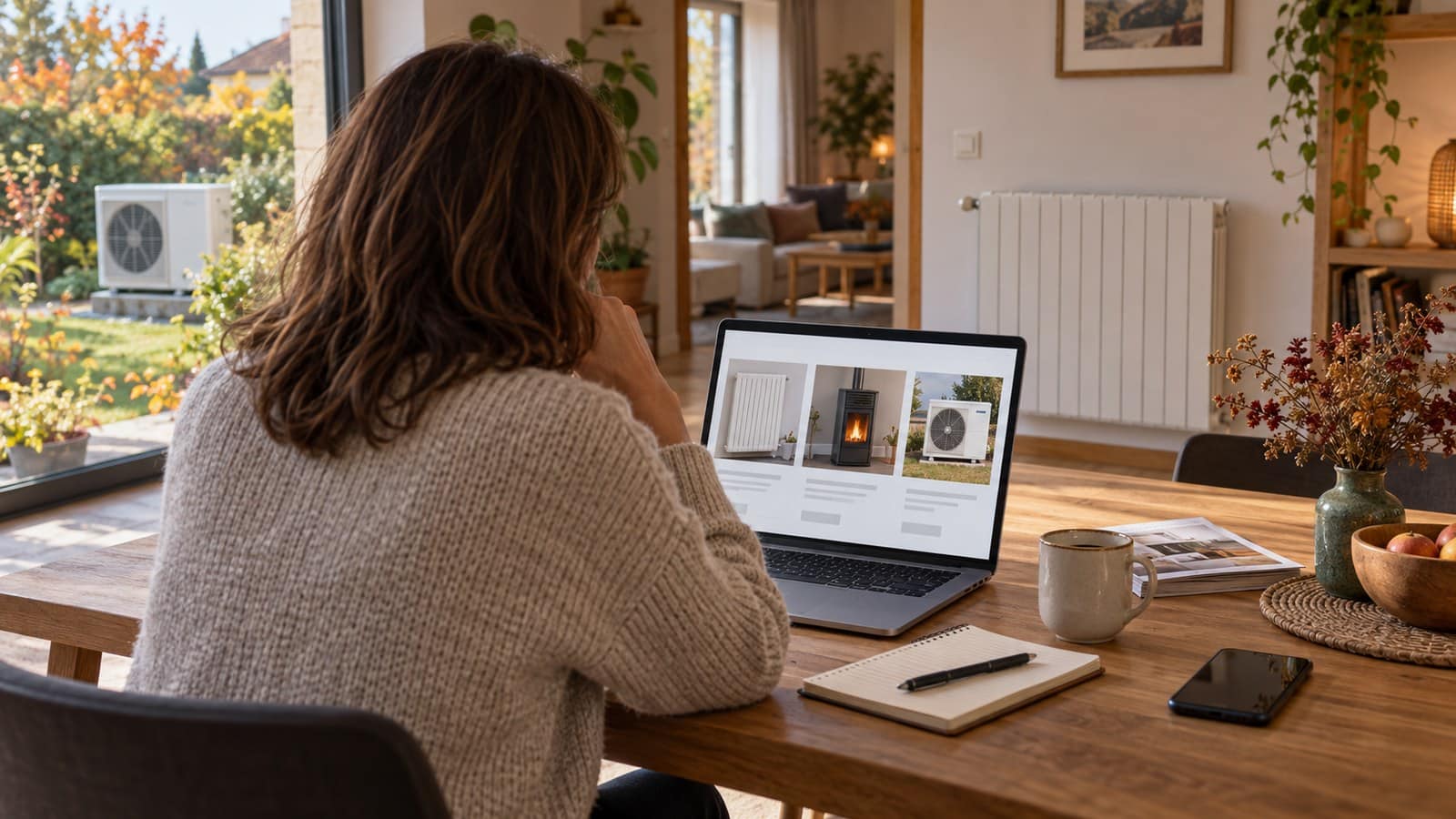 Personne comparant des solutions de chauffage sur un ordinateur dans une maison équipée d’un radiateur